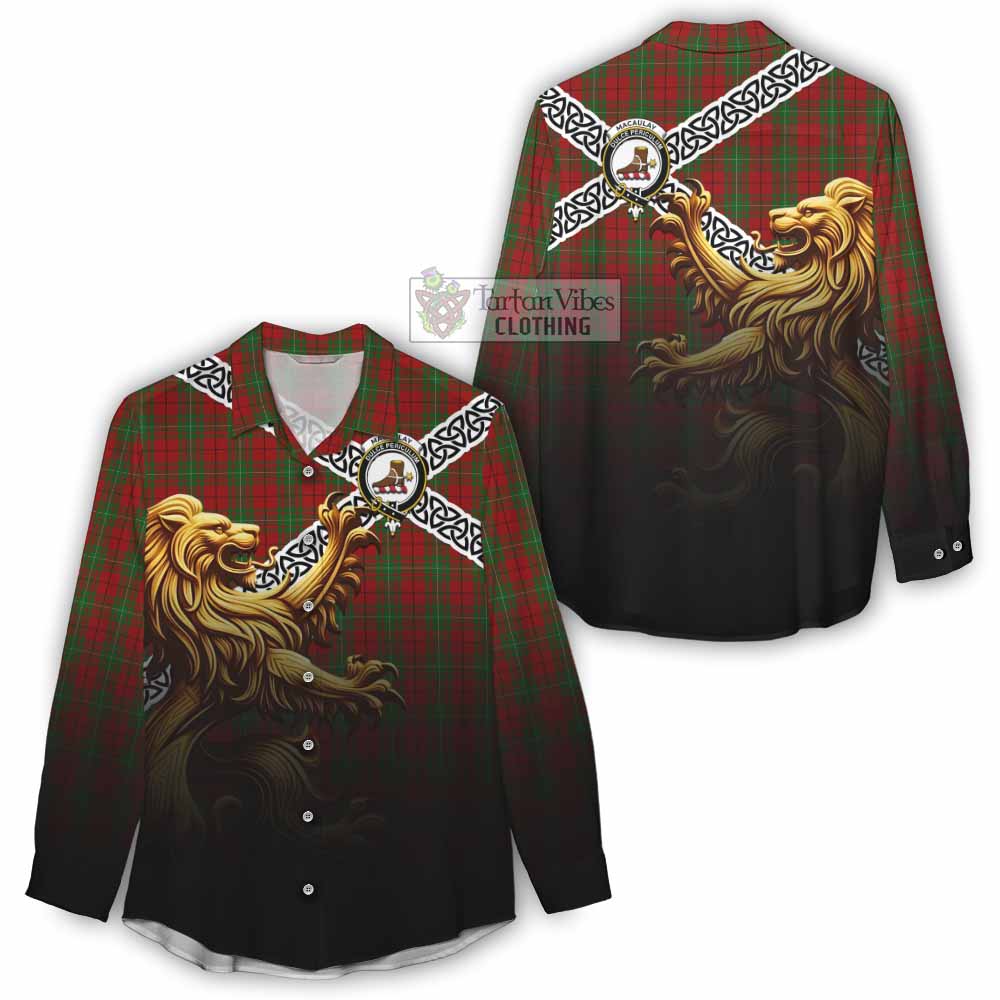 Tartan Vibes Clothing MacAulay (MacAuley) Crest Tartan Women's Casual Shirt with Golden Lion Emblem Celtic Style