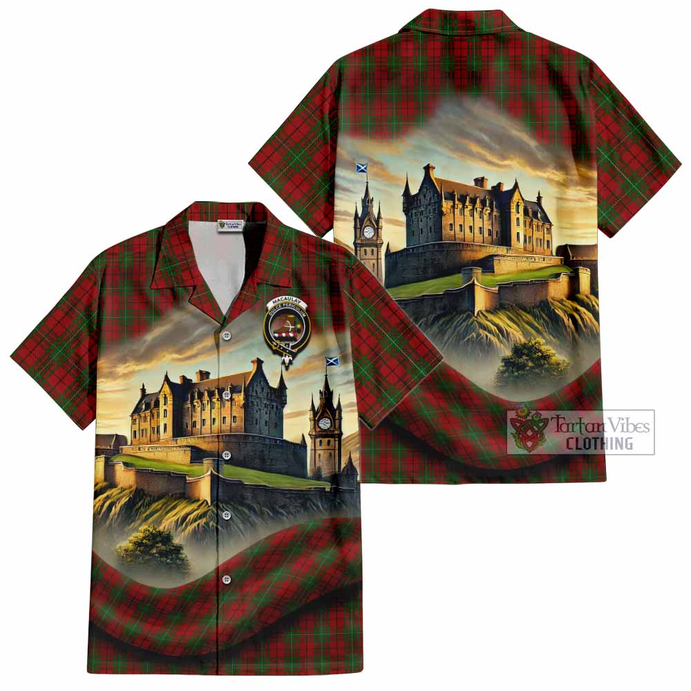 Tartan Vibes Clothing MacAulay (MacAuley) Tartan Family Crest Short Sleeve Button Shirt with Scottish Ancient Castle Style