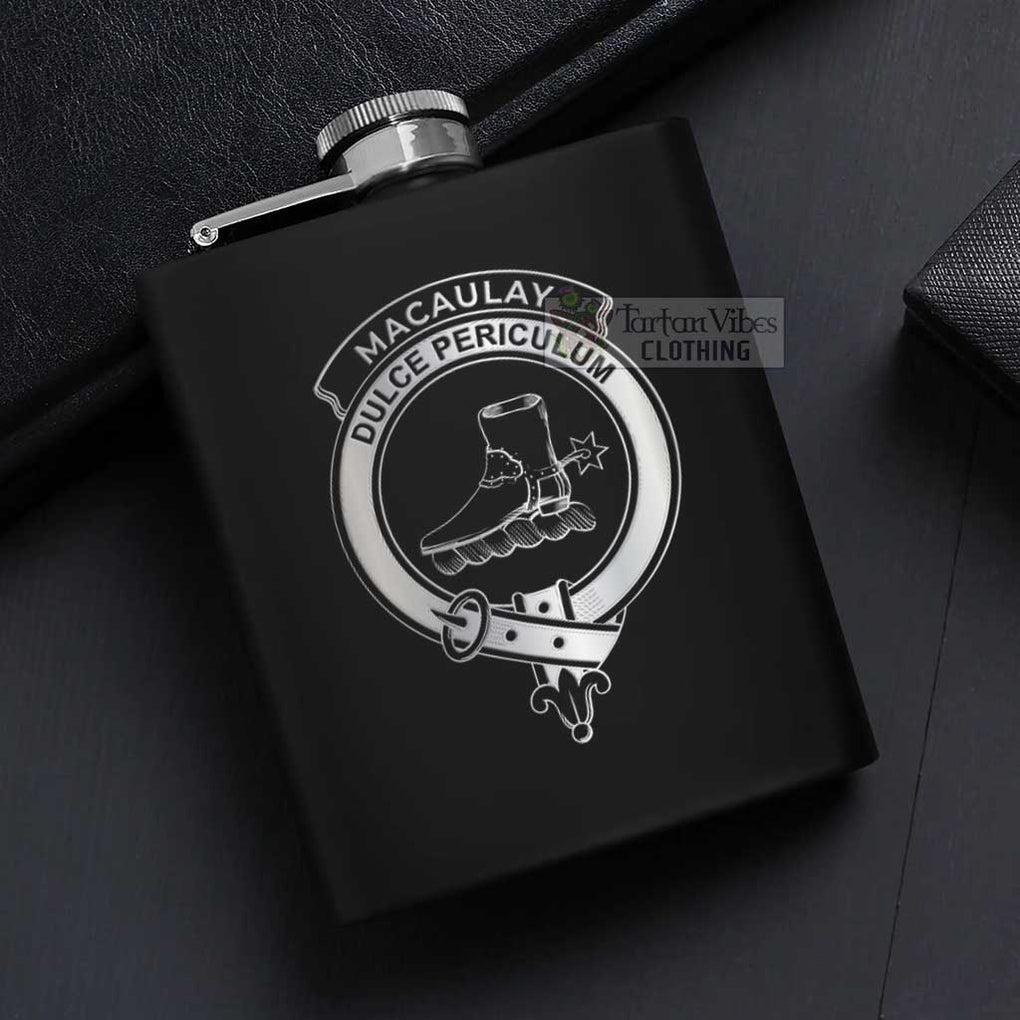 Tartan Vibes Clothing MacAulay (MacAuley) Crest Hip Flask Set 7oz Black Stainless Steel with A Gift Box