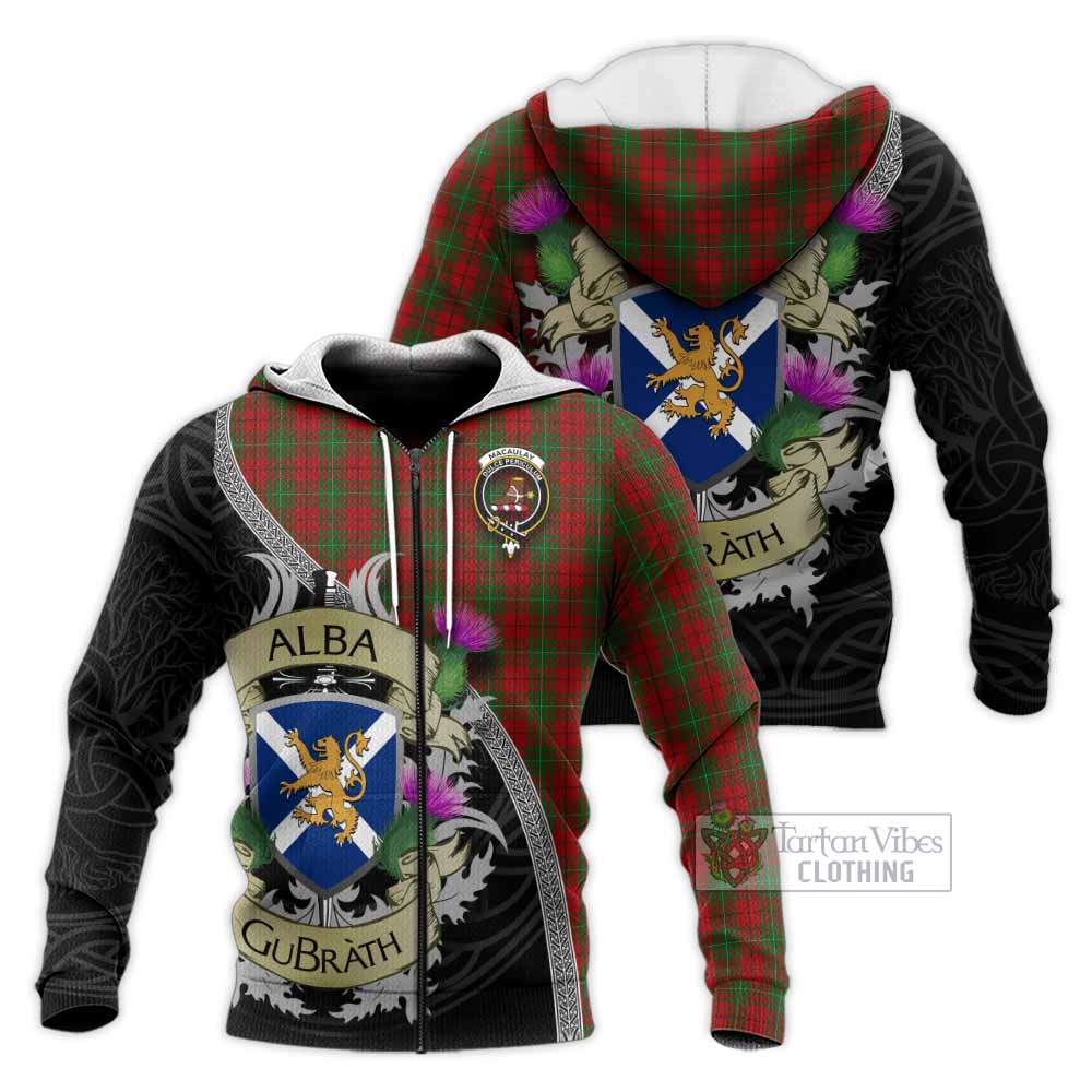 Tartan Vibes Clothing MacAulay (MacAuley) Tartan Family Crest Knitted Hoodie Lion Rampant Royal Thistle Shield Celtic Inspired