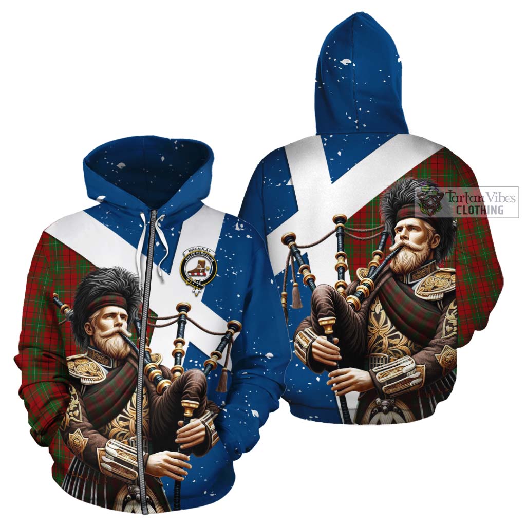 Tartan Vibes Clothing MacAulay (MacAuley) Tartan Cotton Hoodie with Family Crest Scottish Bagpiper Vibes