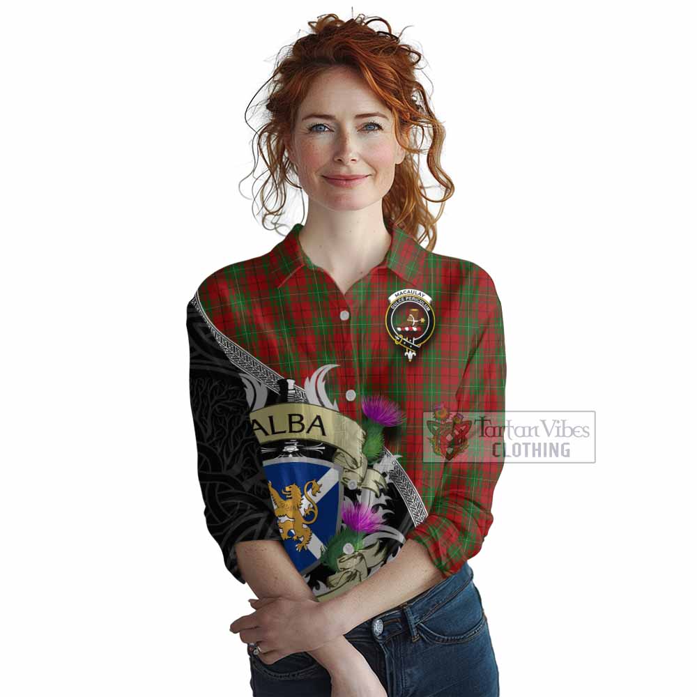 Tartan Vibes Clothing MacAulay (MacAuley) Tartan Family Crest Women's Casual Shirt Lion Rampant Royal Thistle Shield Celtic Inspired