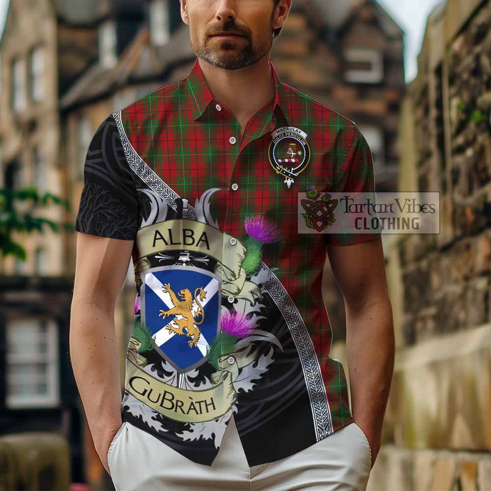 Tartan Vibes Clothing MacAulay (MacAuley) Tartan Family Crest Short Sleeve Button Shirt Lion Rampant Royal Thistle Shield Celtic Inspired