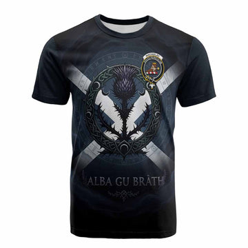 MacAulay (MacAuley) Clan Crest Cotton T-shirt with Celtic Knot Thistle and Saltire