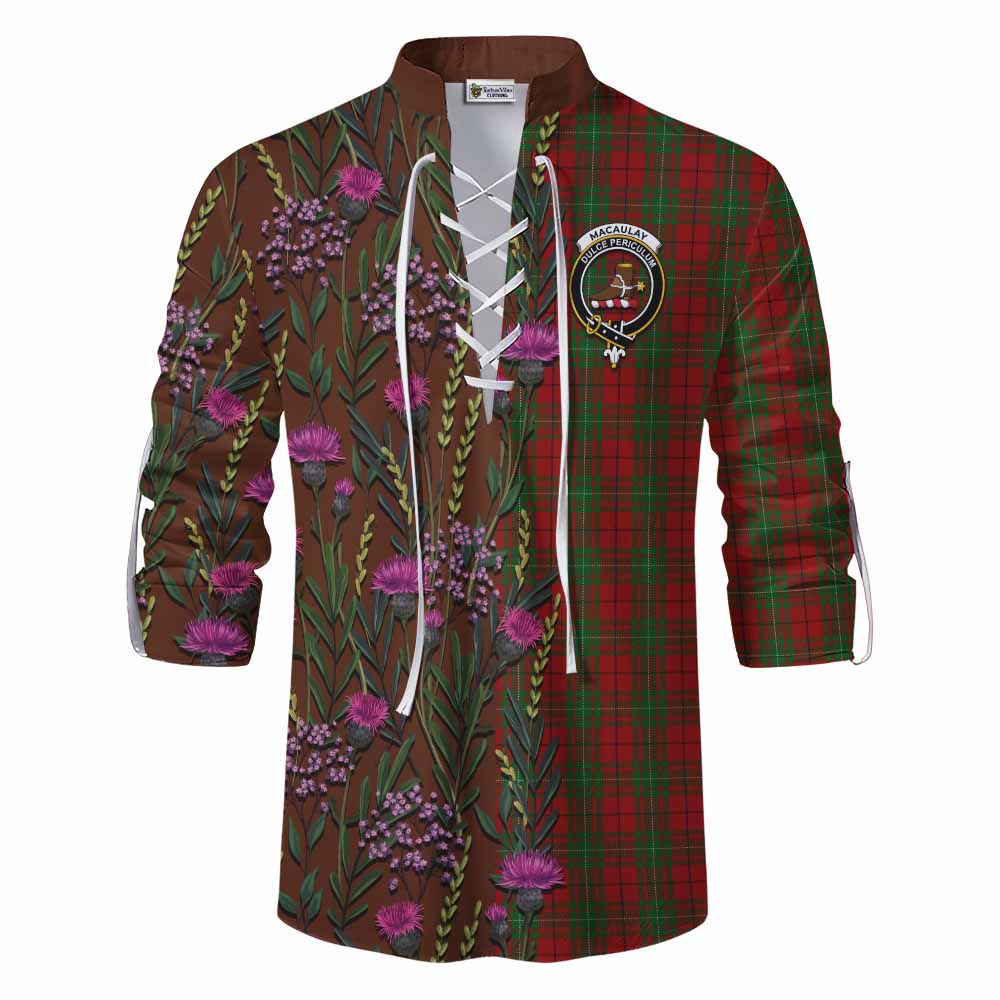 MacAulay (MacAuley) Family Crest Tartan Ghillie Shirt Scottish Thistle Flower Pattern Half Style - Tartan Vibes Clothing
