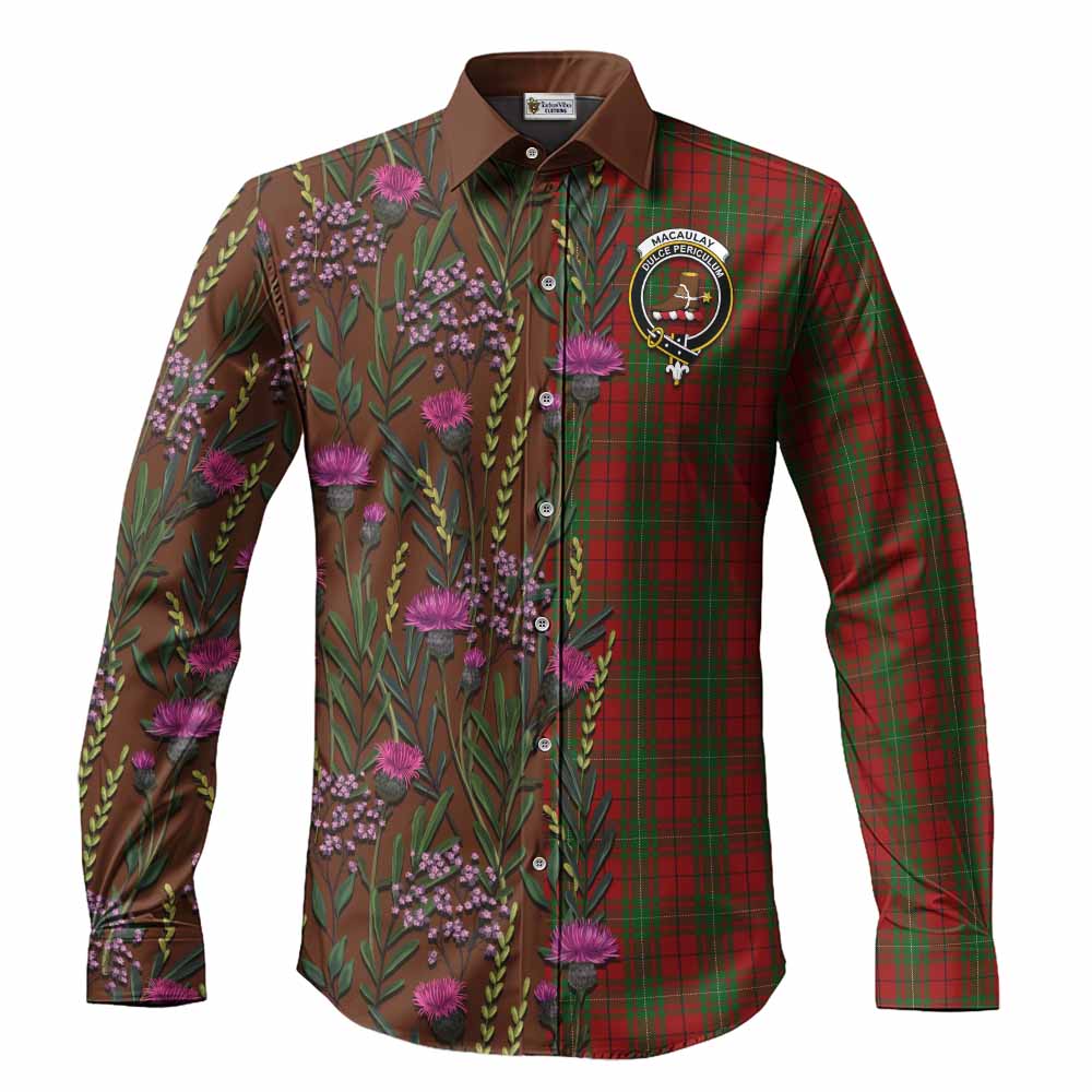 MacAulay (MacAuley) Family Crest Tartan Long Sleeve Button Shirts Scottish Thistle Flower Pattern Half Style - Tartan Vibes Clothing