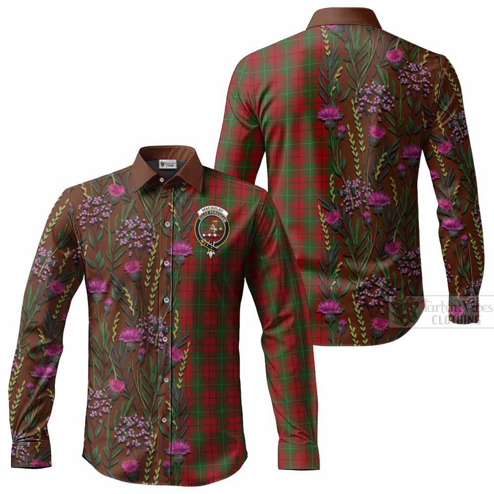 MacAulay (MacAuley) Family Crest Tartan Long Sleeve Button Shirts Scottish Thistle Flower Pattern Half Style - Tartan Vibes Clothing