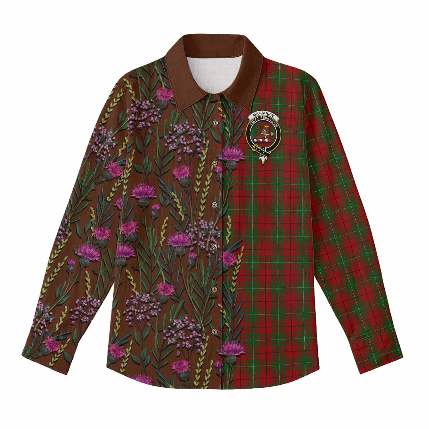 MacAulay (MacAuley) Family Crest Tartan Women Casual Shirt Scottish Thistle Flower Pattern Half Style - Tartan Vibes Clothing