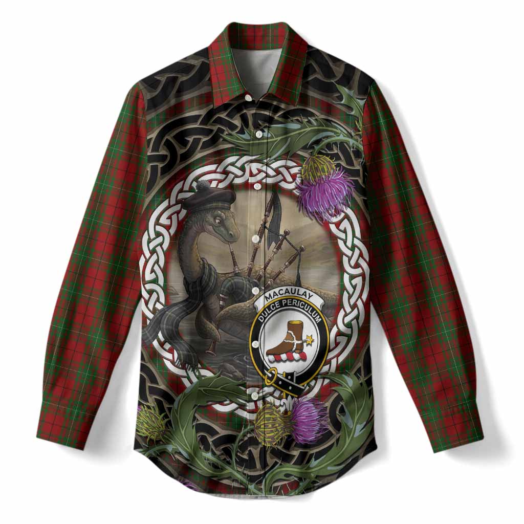 MacAulay (MacAuley) Tartan Crest Bagpipe Nessie Women Casual Shirt Scottish Loch Ness Monster Celtic Thistle