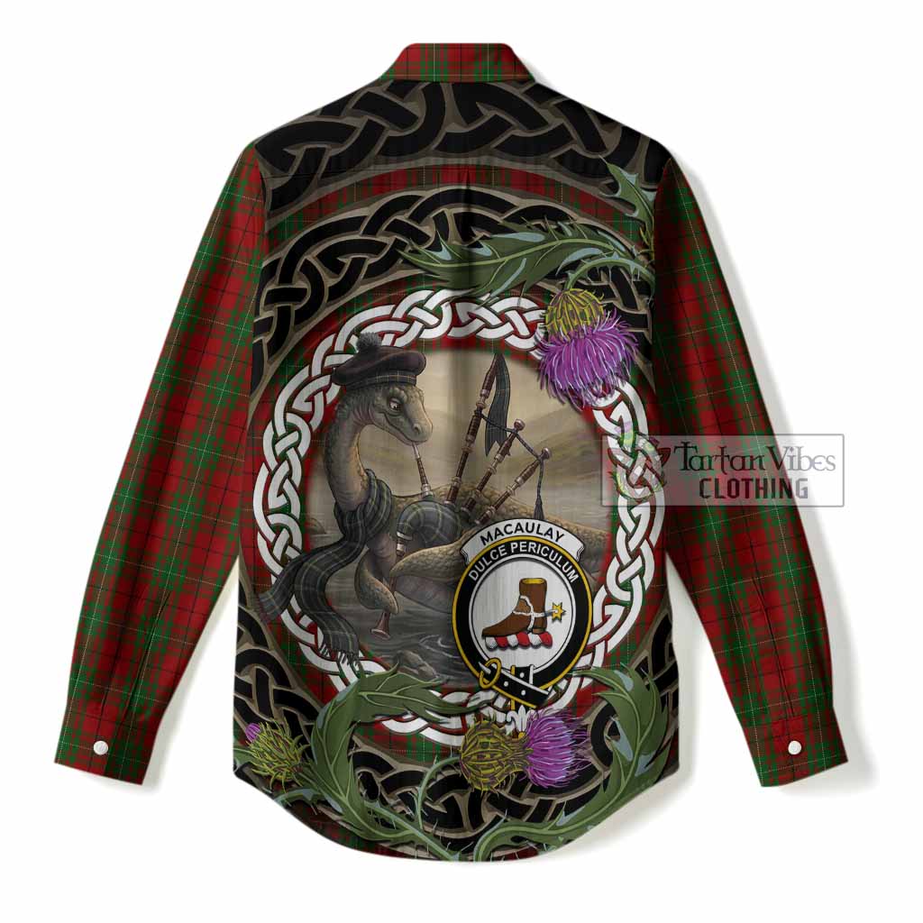 MacAulay (MacAuley) Tartan Crest Bagpipe Nessie Women Casual Shirt Scottish Loch Ness Monster Celtic Thistle