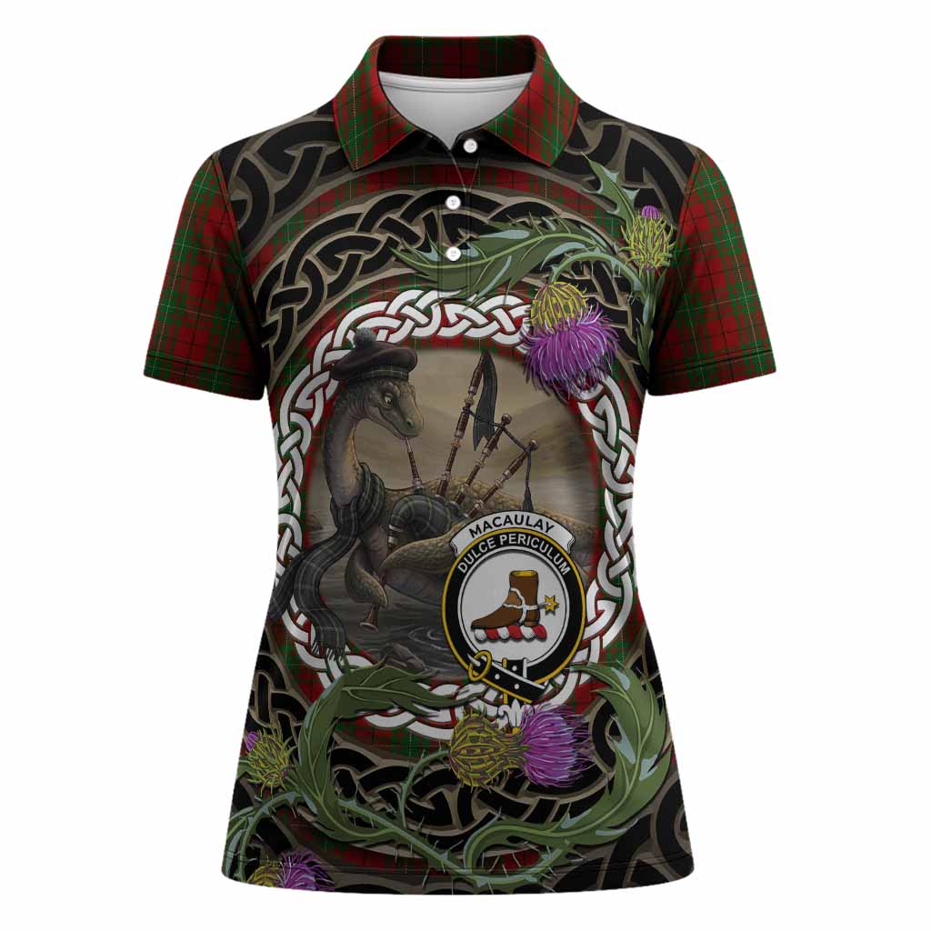 MacAulay (MacAuley) Tartan Crest Bagpipe Nessie Women Polo Shirt Scottish Loch Ness Monster Celtic Thistle