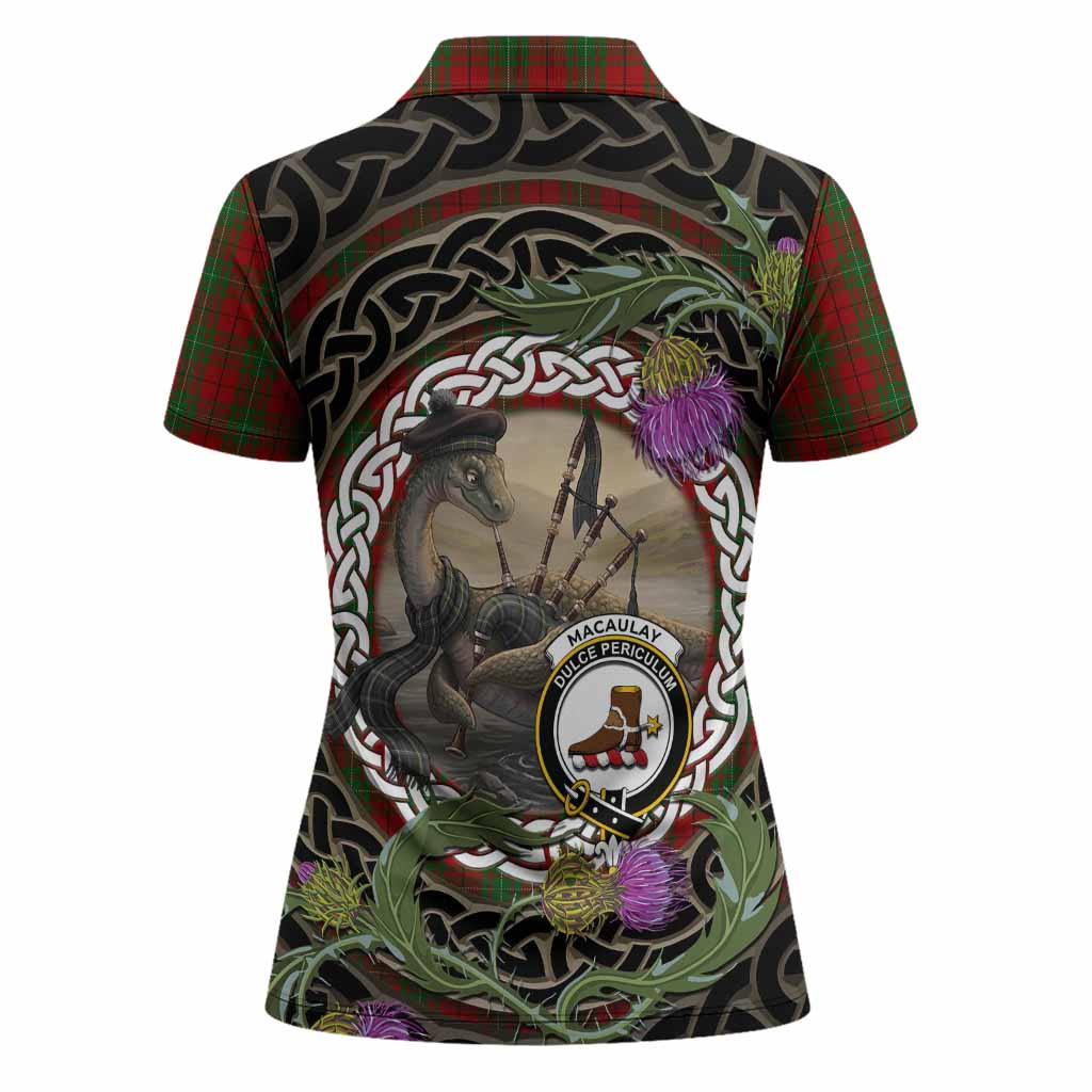 MacAulay (MacAuley) Tartan Crest Bagpipe Nessie Women Polo Shirt Scottish Loch Ness Monster Celtic Thistle