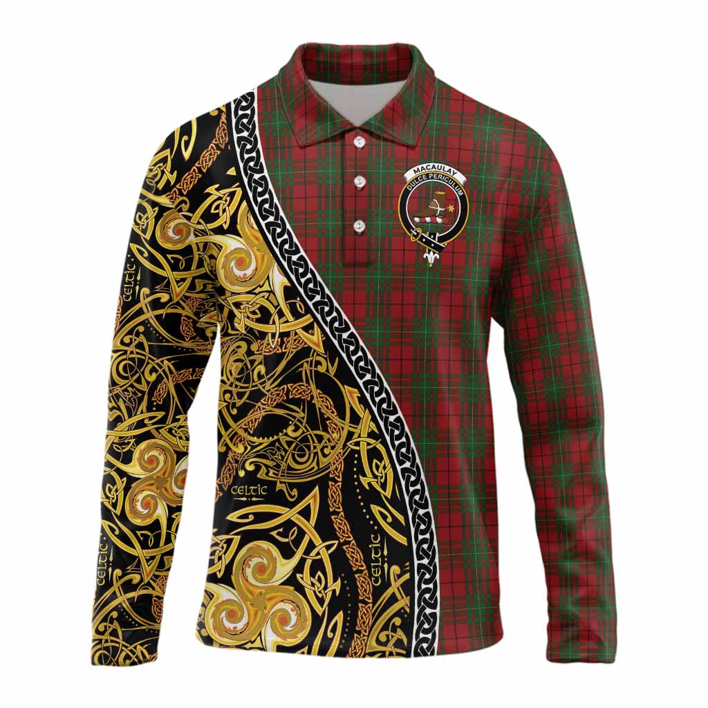 MacAulay (MacAuley) Tartan Crest Long Sleeve Polo Shirt Celtic Knot and Triple Trickle Spiral Symbols