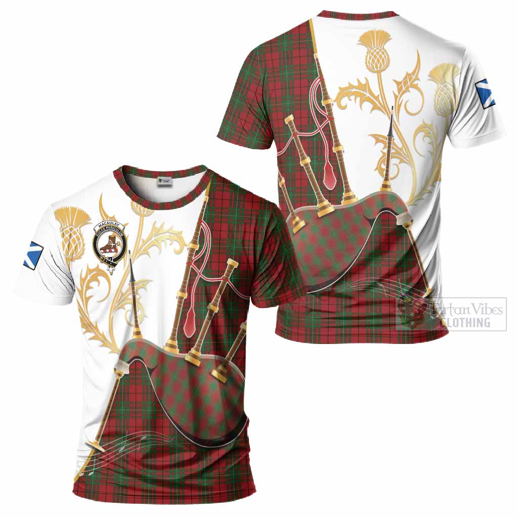 MacAulay (MacAuley) Tartan Family Crest T-Shirt Bagpipes with Scottish Thistle