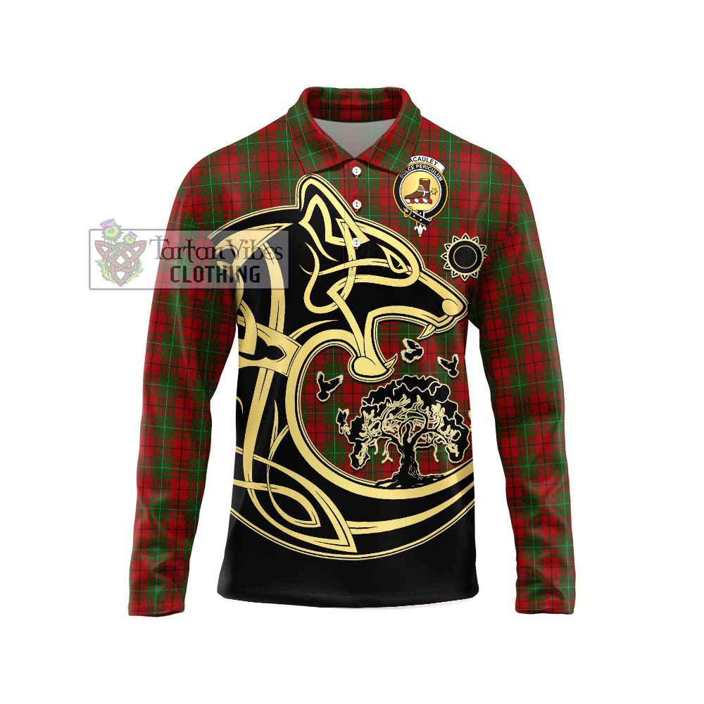 MacAuley Tartan Long Sleeve Polo Shirt with Family Crest Celtic Wolf Style Unisex - Tartan Vibes Clothing