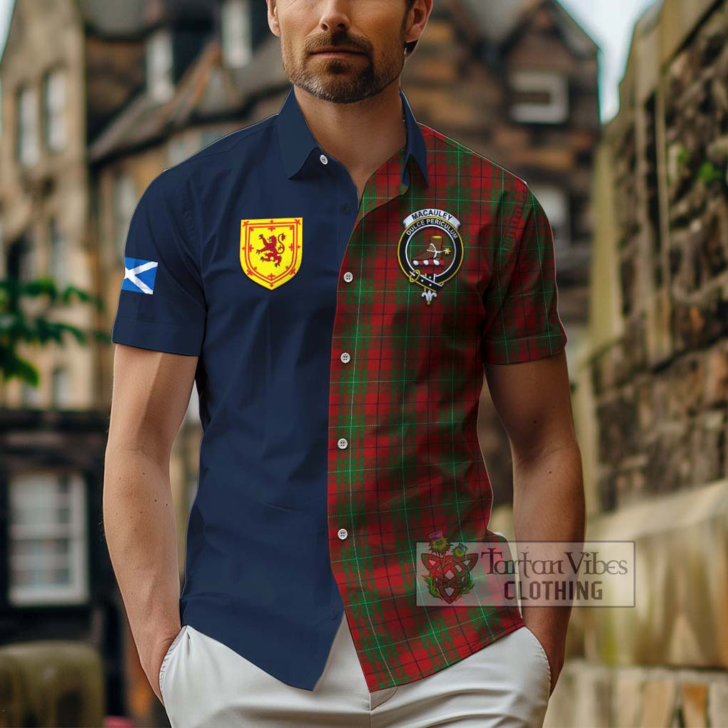 MacAuley Tartan Hawaiian Shirt Alba with Scottish Lion Royal Arm Half Style - Tartan Vibes Clothing
