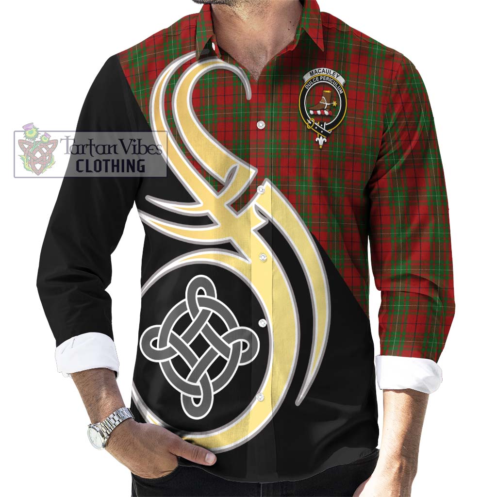MacAuley Tartan Long Sleeve Button Shirt with Family Crest and Celtic Symbol Style - Tartan Vibes Clothing