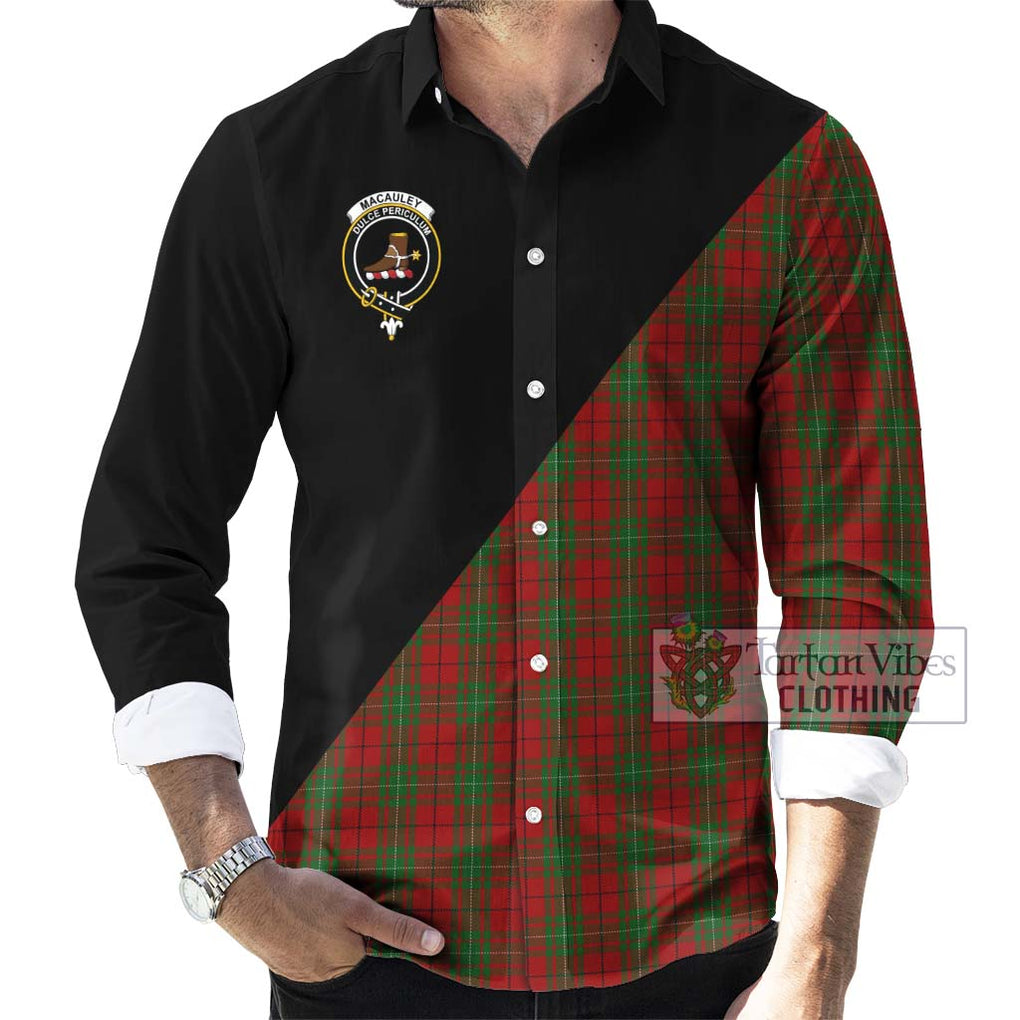 MacAuley Tartan Long Sleeve Button Shirt with Family Crest and Military Logo Style - Tartanvibesclothing Shop