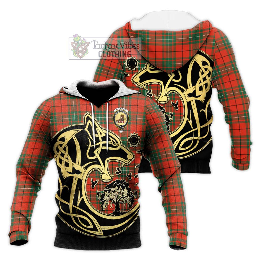 MacAuley Ancient Tartan Knitted Hoodie with Family Crest Celtic Wolf Style Unisex Knitted Pullover Hoodie - Tartan Vibes Clothing