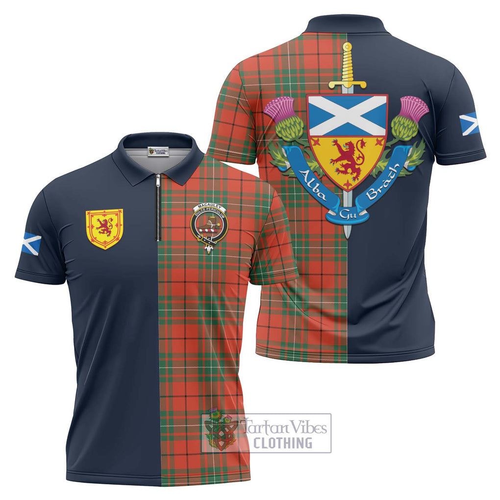 MacAuley Ancient Tartan Zipper Polo Shirt Alba with Scottish Lion Royal Arm Half Style Unisex - Tartan Vibes Clothing