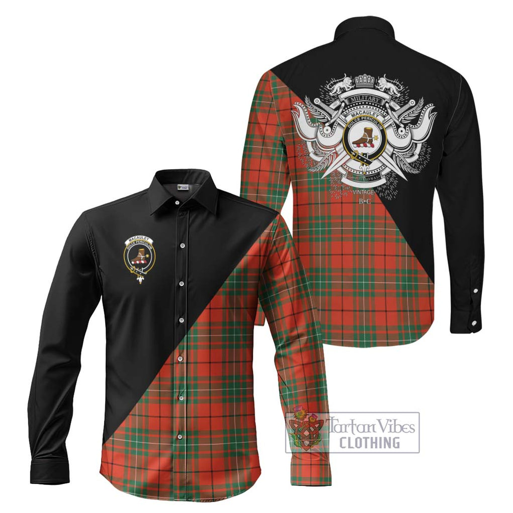 MacAuley Ancient Tartan Long Sleeve Button Shirt with Family Crest and Military Logo Style Men's Shirt S - Tartanvibesclothing Shop