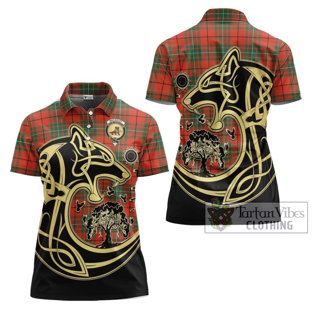 MacAuley Ancient Tartan Women's Polo Shirt with Family Crest Celtic Wolf Style Women - Tartan Vibes Clothing