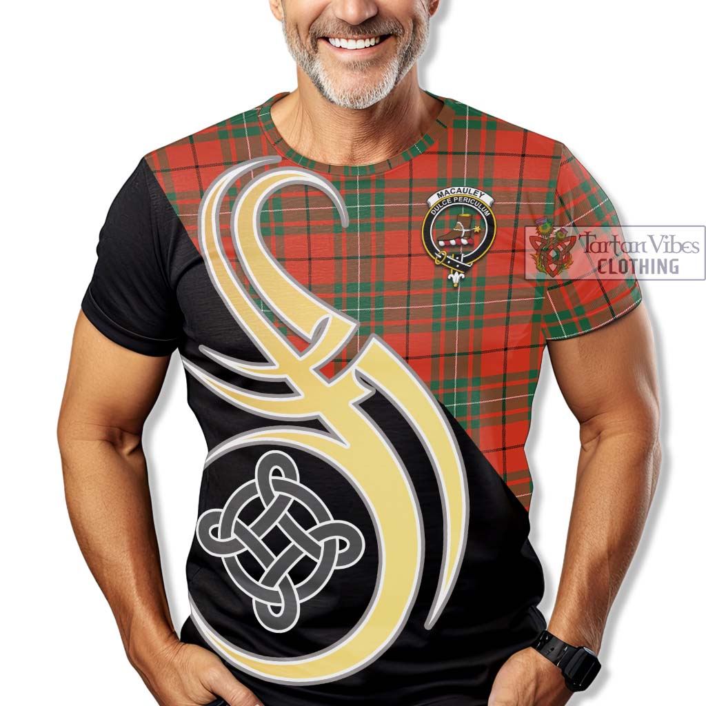 MacAuley Ancient Tartan T-Shirt with Family Crest and Celtic Symbol Style - Tartan Vibes Clothing