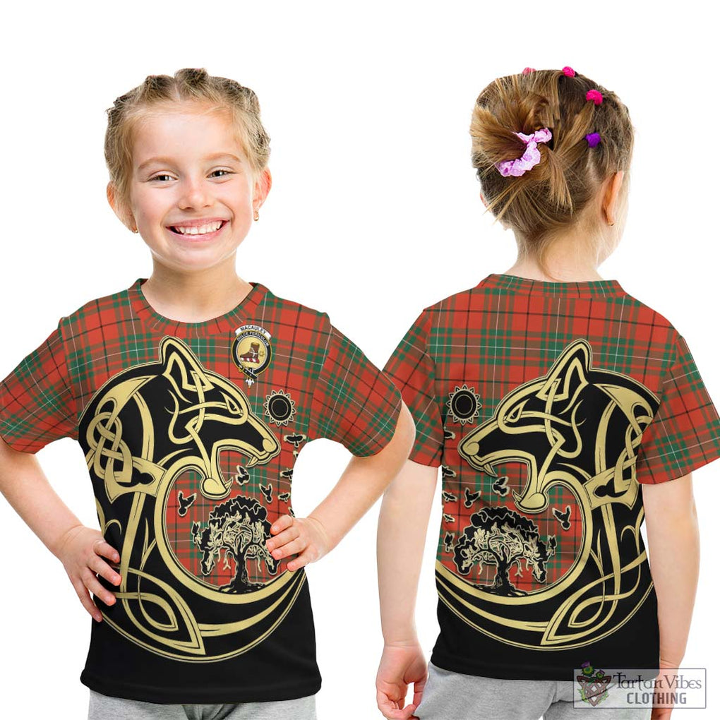 MacAuley Ancient Tartan Kid T-Shirt with Family Crest Celtic Wolf Style - Tartan Vibes Clothing