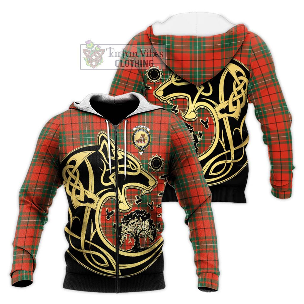 MacAuley Ancient Tartan Knitted Hoodie with Family Crest Celtic Wolf Style Unisex Knitted Zip Hoodie - Tartan Vibes Clothing