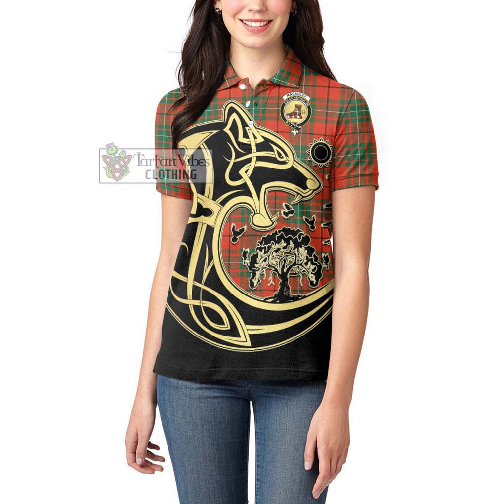 MacAuley Ancient Tartan Women's Polo Shirt with Family Crest Celtic Wolf Style - Tartan Vibes Clothing