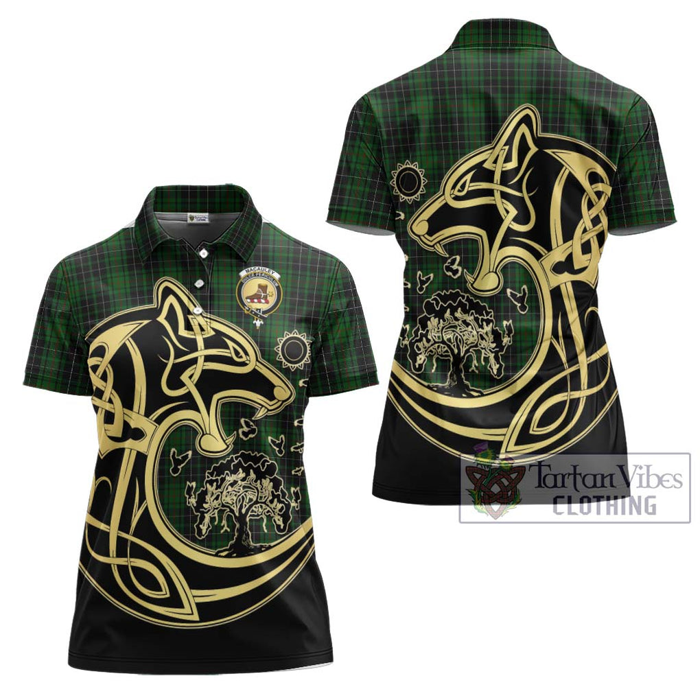 MacAuley Hunting Tartan Women's Polo Shirt with Family Crest Celtic Wolf Style Women - Tartan Vibes Clothing