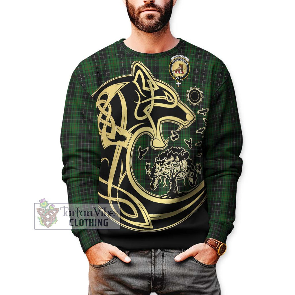 MacAuley Hunting Tartan Sweatshirt with Family Crest Celtic Wolf Style Unisex - Tartan Vibes Clothing