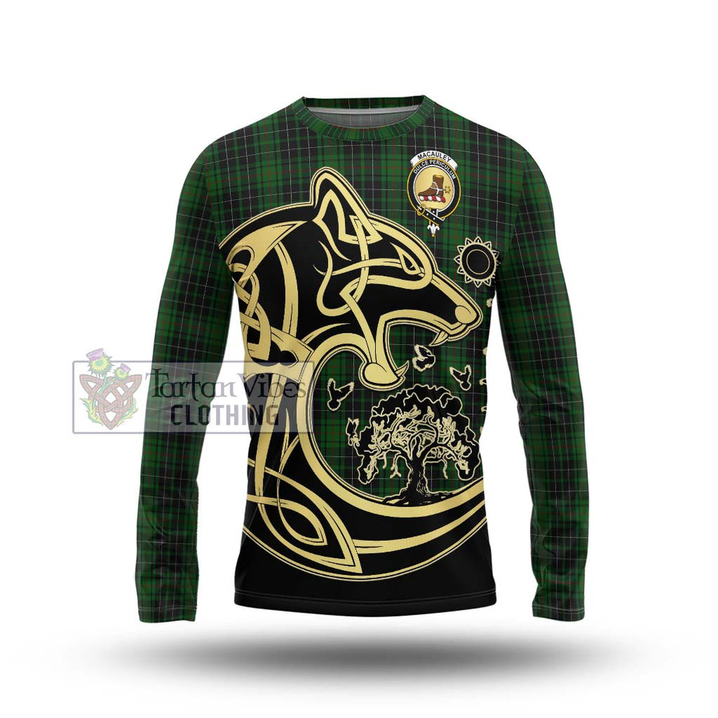 MacAuley Hunting Tartan Long Sleeve T-Shirt with Family Crest Celtic Wolf Style Unisex - Tartan Vibes Clothing