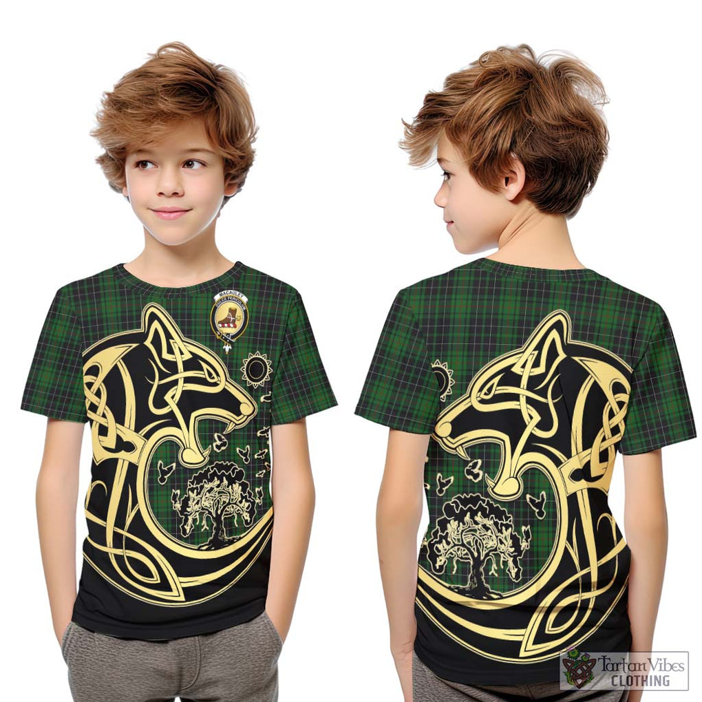 MacAuley Hunting Tartan Kid T-Shirt with Family Crest Celtic Wolf Style Youth XL Size14 - Tartan Vibes Clothing