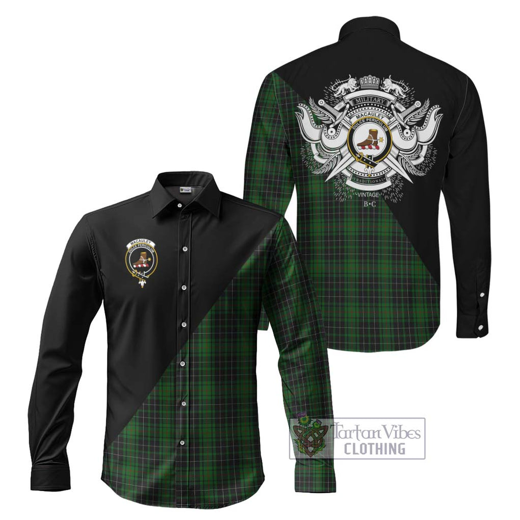 MacAuley Hunting Tartan Long Sleeve Button Shirt with Family Crest and Military Logo Style Men's Shirt S - Tartanvibesclothing Shop