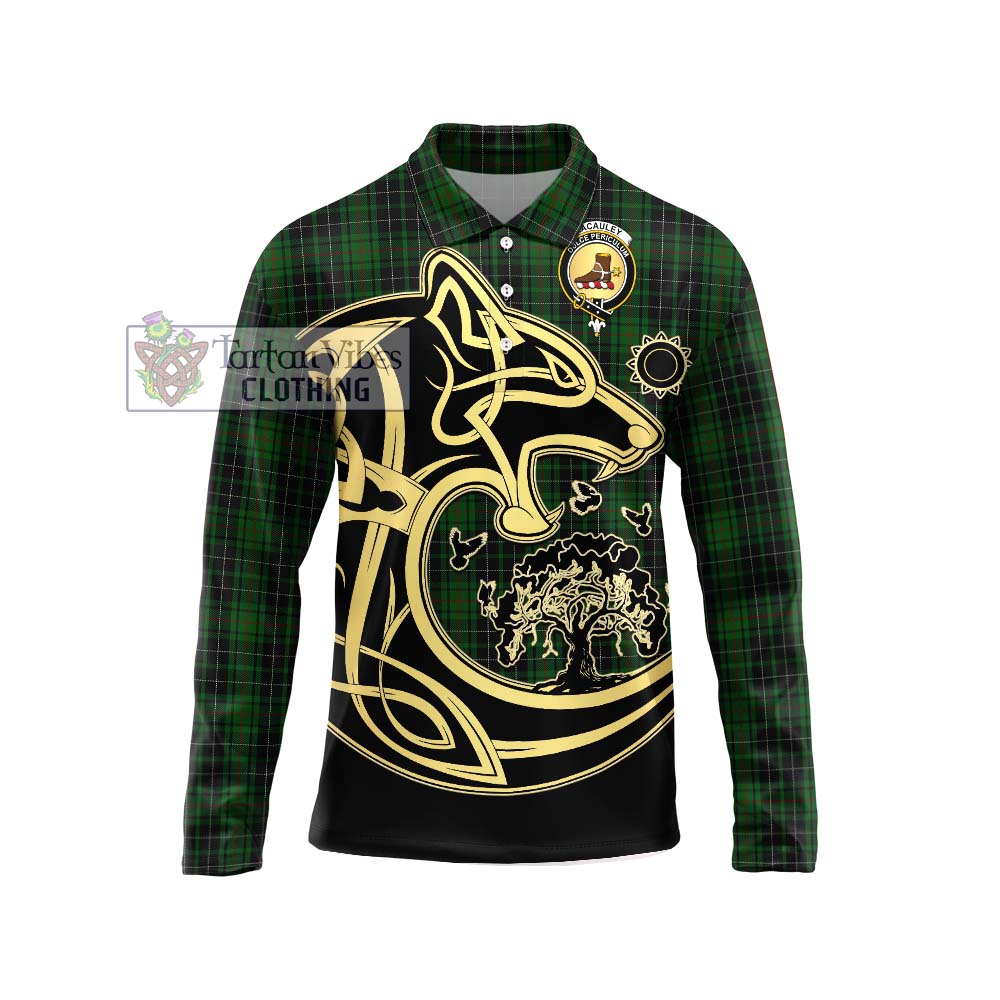 MacAuley Hunting Tartan Long Sleeve Polo Shirt with Family Crest Celtic Wolf Style Unisex - Tartan Vibes Clothing