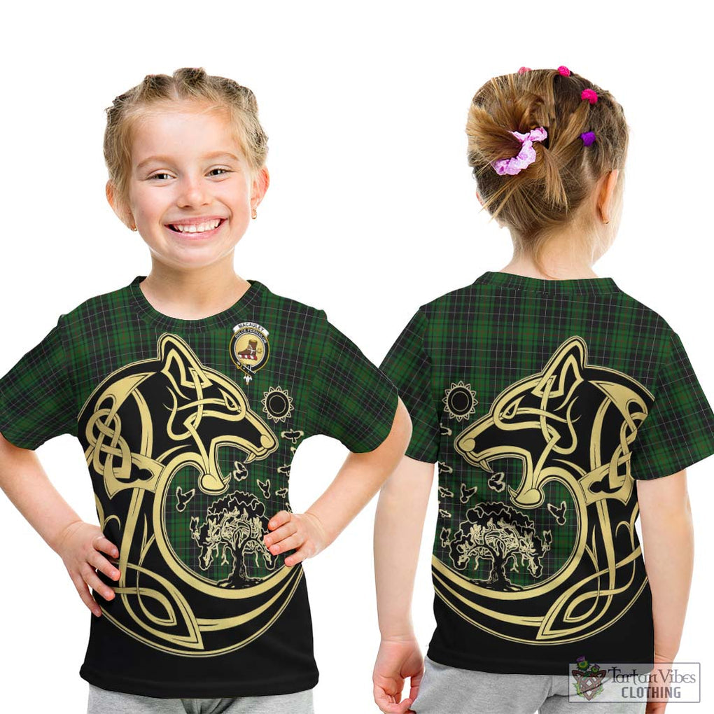MacAuley Hunting Tartan Kid T-Shirt with Family Crest Celtic Wolf Style - Tartan Vibes Clothing