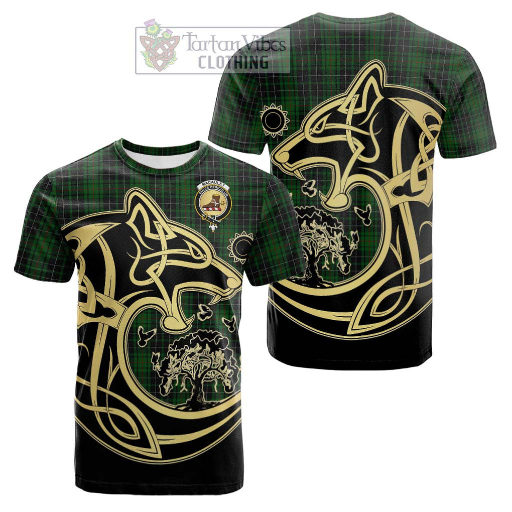 MacAuley Hunting Tartan Cotton T-shirt with Family Crest Celtic Wolf Style Kid's Shirt - Tartan Vibes Clothing