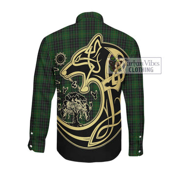 MacAuley Hunting Tartan Long Sleeve Button Shirt with Family Crest Celtic Wolf Style Men's Shirt - Tartan Vibes Clothing