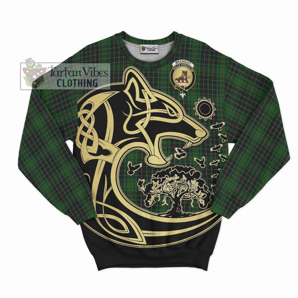 MacAuley Hunting Tartan Sweatshirt with Family Crest Celtic Wolf Style - Tartan Vibes Clothing