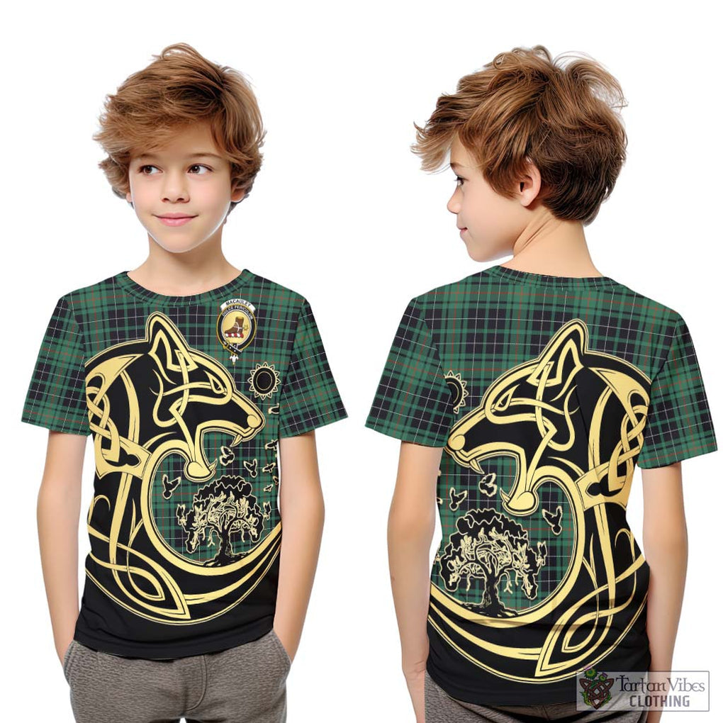 MacAuley Hunting Ancient Tartan Kid T-Shirt with Family Crest Celtic Wolf Style Youth XL Size14 - Tartan Vibes Clothing