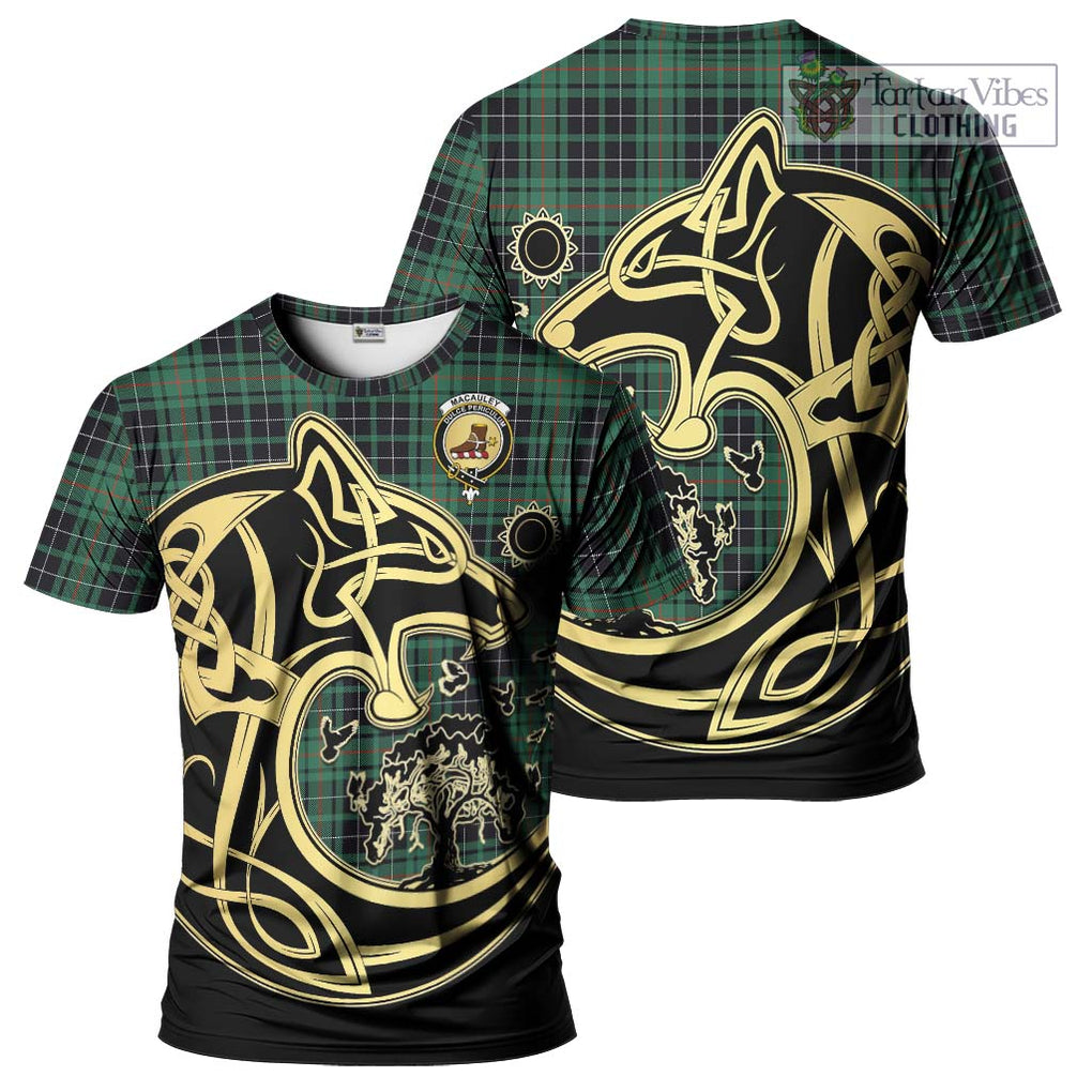 MacAuley Hunting Ancient Tartan T-Shirt with Family Crest Celtic Wolf Style Kid's Shirt - Tartan Vibes Clothing