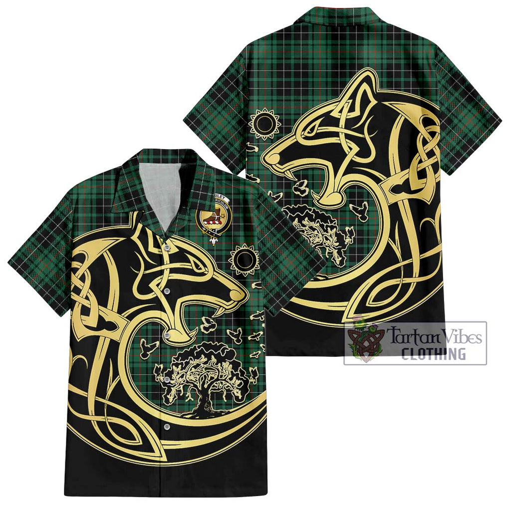 MacAuley Hunting Ancient Tartan Hawaiian Shirt with Family Crest Celtic Wolf Style Kid - Tartan Vibes Clothing