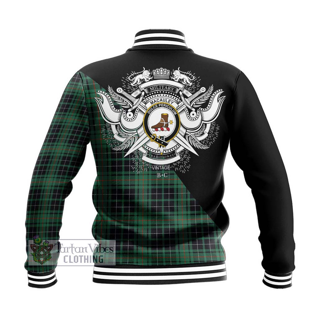 MacAuley Hunting Ancient Tartan Baseball Jacket with Family Crest and Military Logo Style - Tartan Vibes Clothing