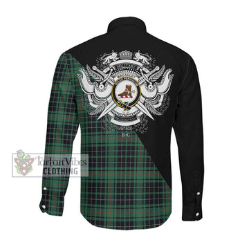MacAuley Hunting Ancient Tartan Long Sleeve Button Shirt with Family Crest and Military Logo Style Men's Shirt - Tartanvibesclothing Shop