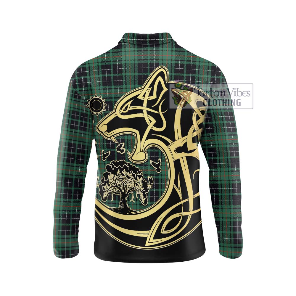 MacAuley Hunting Ancient Tartan Long Sleeve Polo Shirt with Family Crest Celtic Wolf Style - Tartan Vibes Clothing