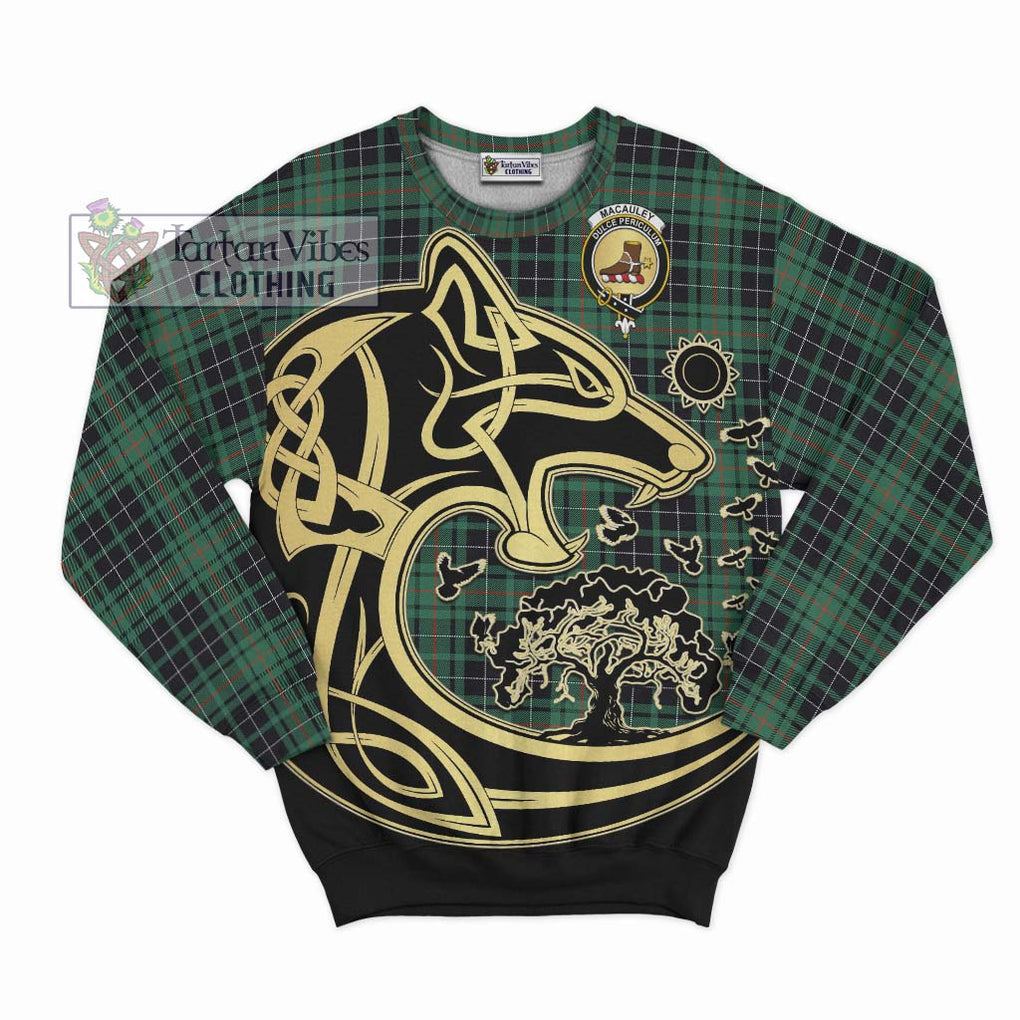 MacAuley Hunting Ancient Tartan Sweatshirt with Family Crest Celtic Wolf Style - Tartan Vibes Clothing