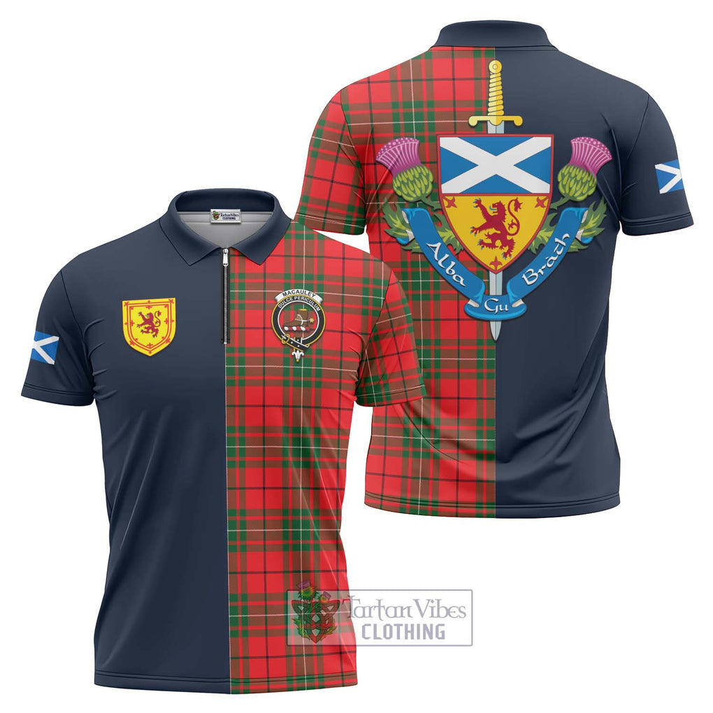 MacAuley Modern Tartan Zipper Polo Shirt Alba with Scottish Lion Royal Arm Half Style Unisex - Tartan Vibes Clothing