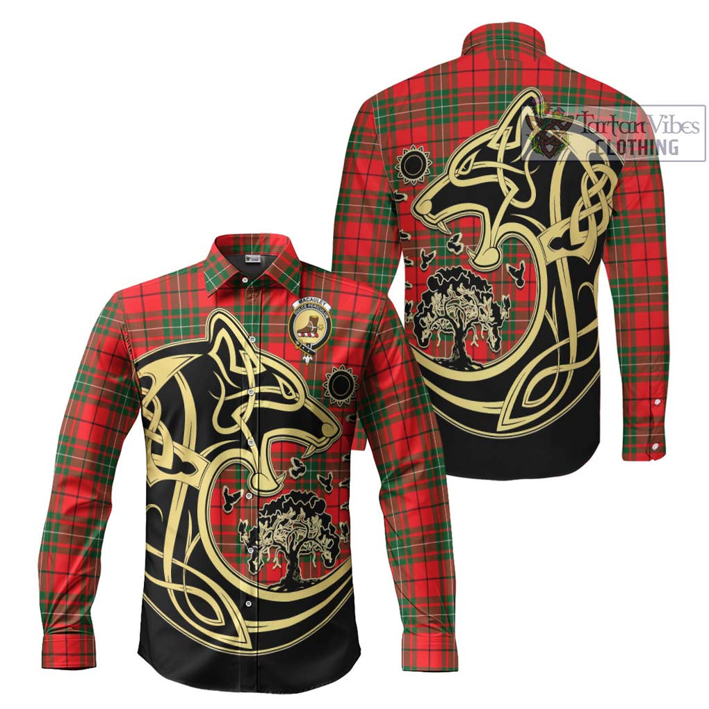 MacAuley Modern Tartan Long Sleeve Button Shirt with Family Crest Celtic Wolf Style Men's Shirt S - Tartan Vibes Clothing
