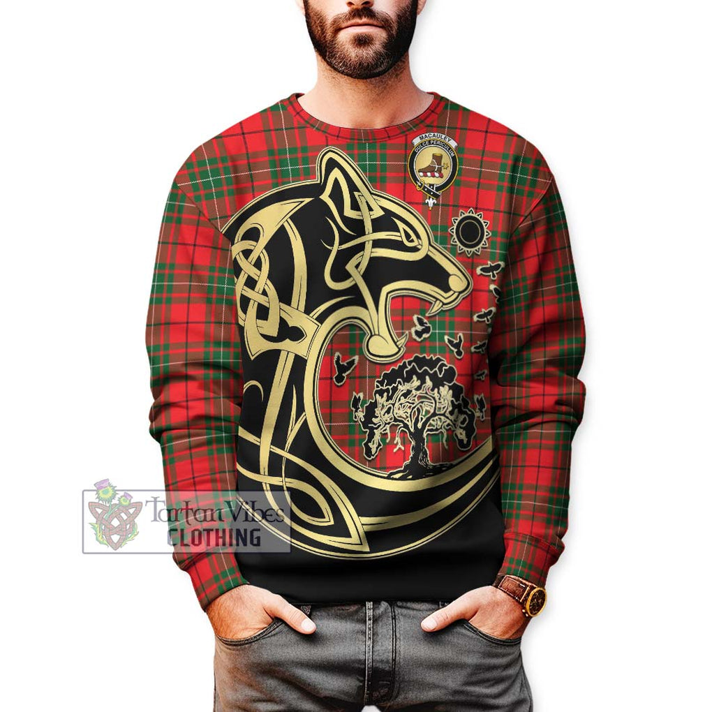 MacAuley Modern Tartan Sweatshirt with Family Crest Celtic Wolf Style Unisex - Tartan Vibes Clothing